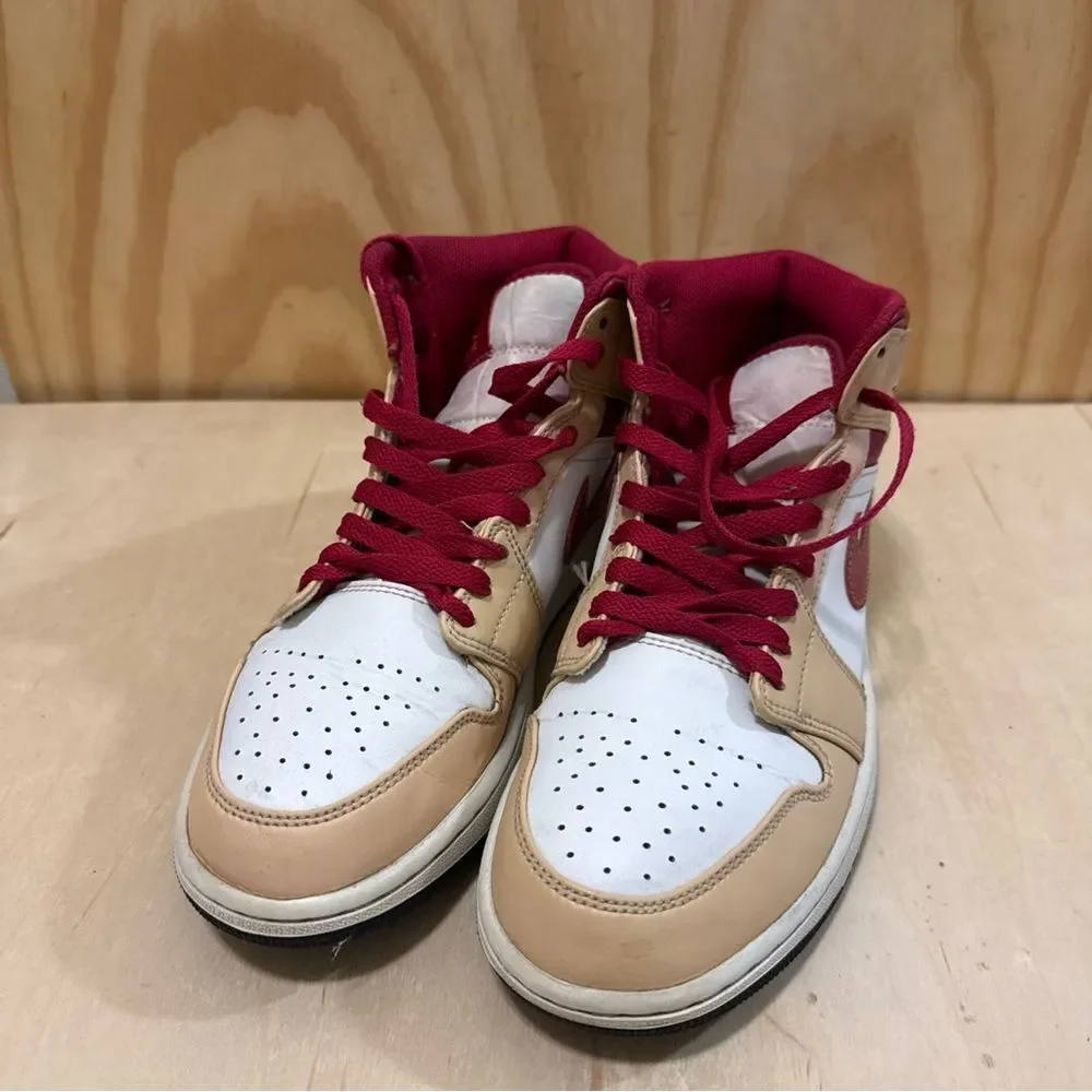 Size  8.5 Men’s - Jordan 1 Mid Light Curry Cardinal Red